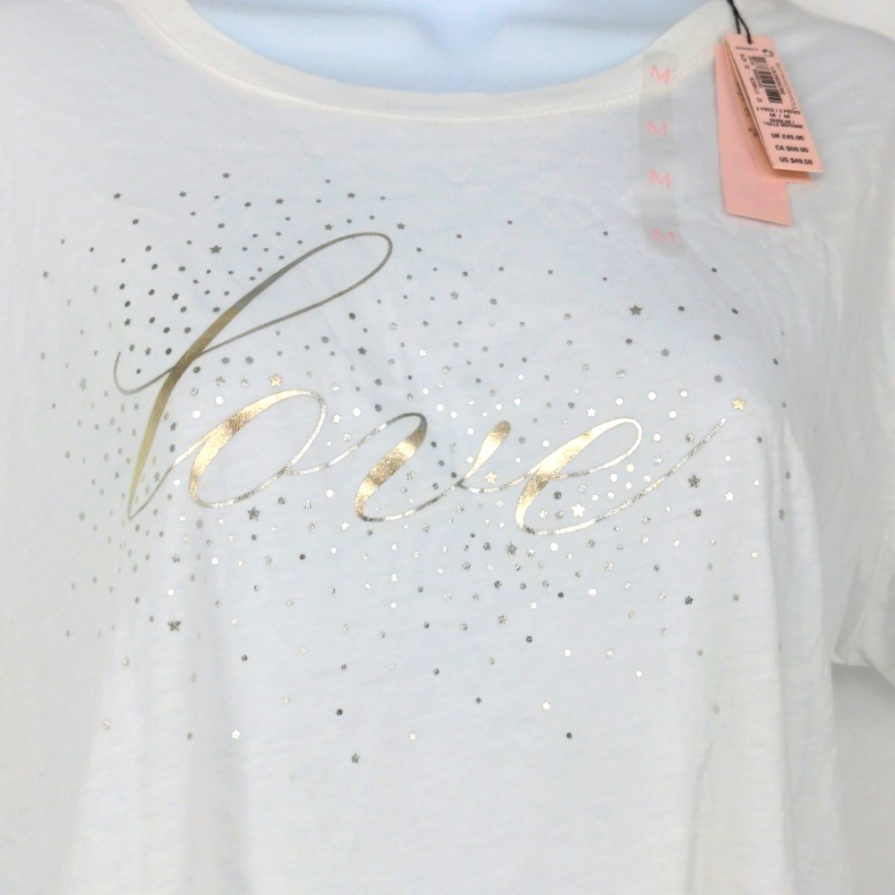 Victoria's Secret White Metallic LOVE Graphic Short Sleeve Crew Neck Shirt M NWT - Picture 2 of 7